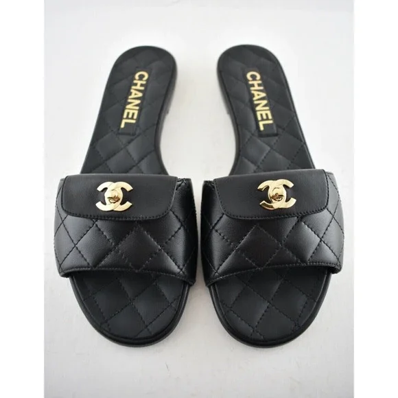 Chanel REV Black Turnlock Quilted Gold CC Logo Mules Slide Sandal Flop Flat 37 - Picture 1 of 12